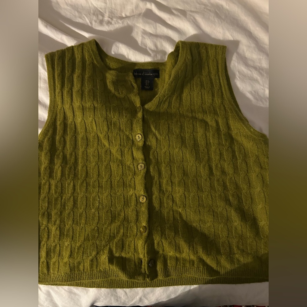 House of Harlow 1960 Olive Green Cable Knit Sweater Vest 100% cashmere